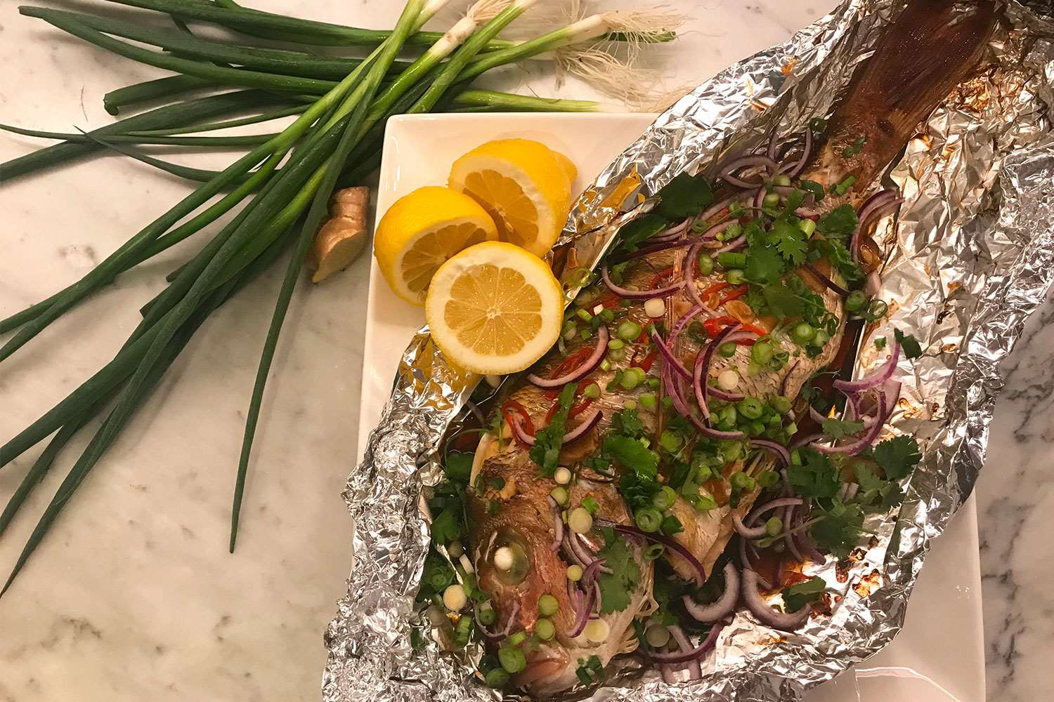 Baked Snapper with Chilli, Garlic and Spring Onions