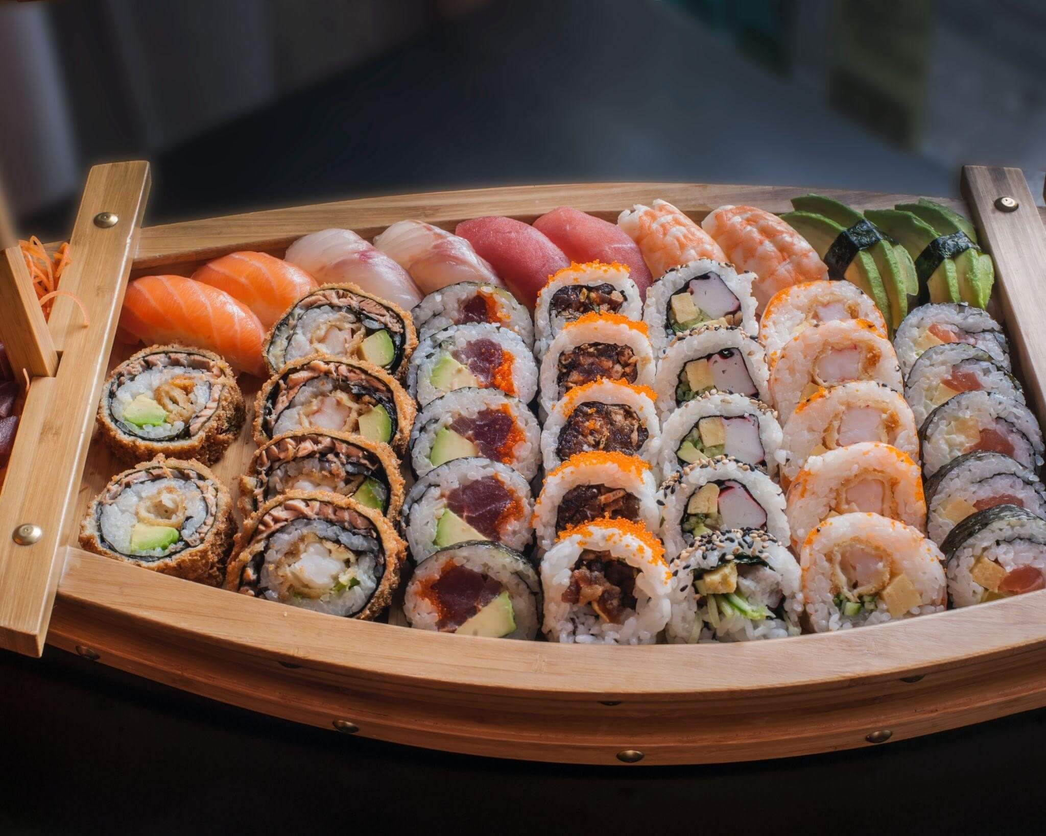 A boatload of different kinds of sushi