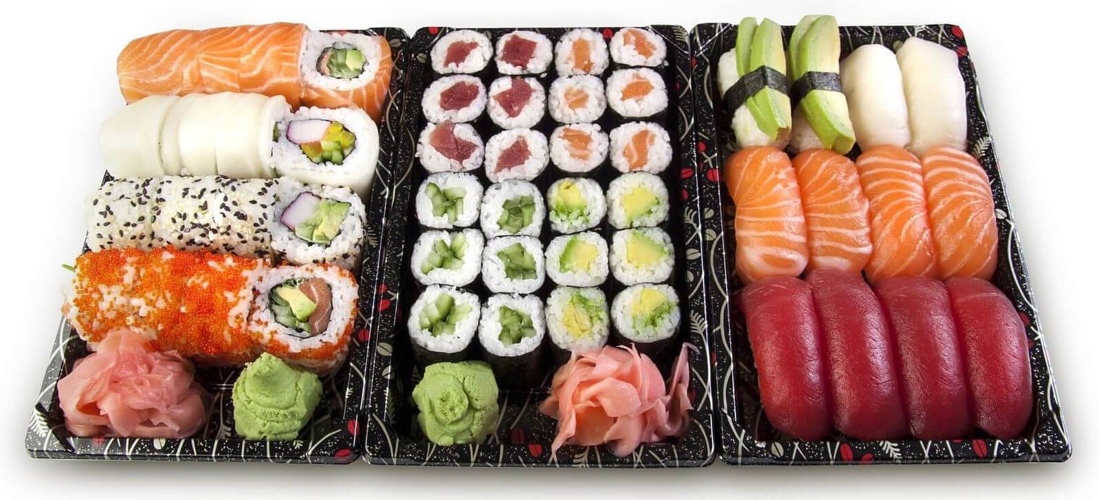 An appetizing platter of sushi in different variations