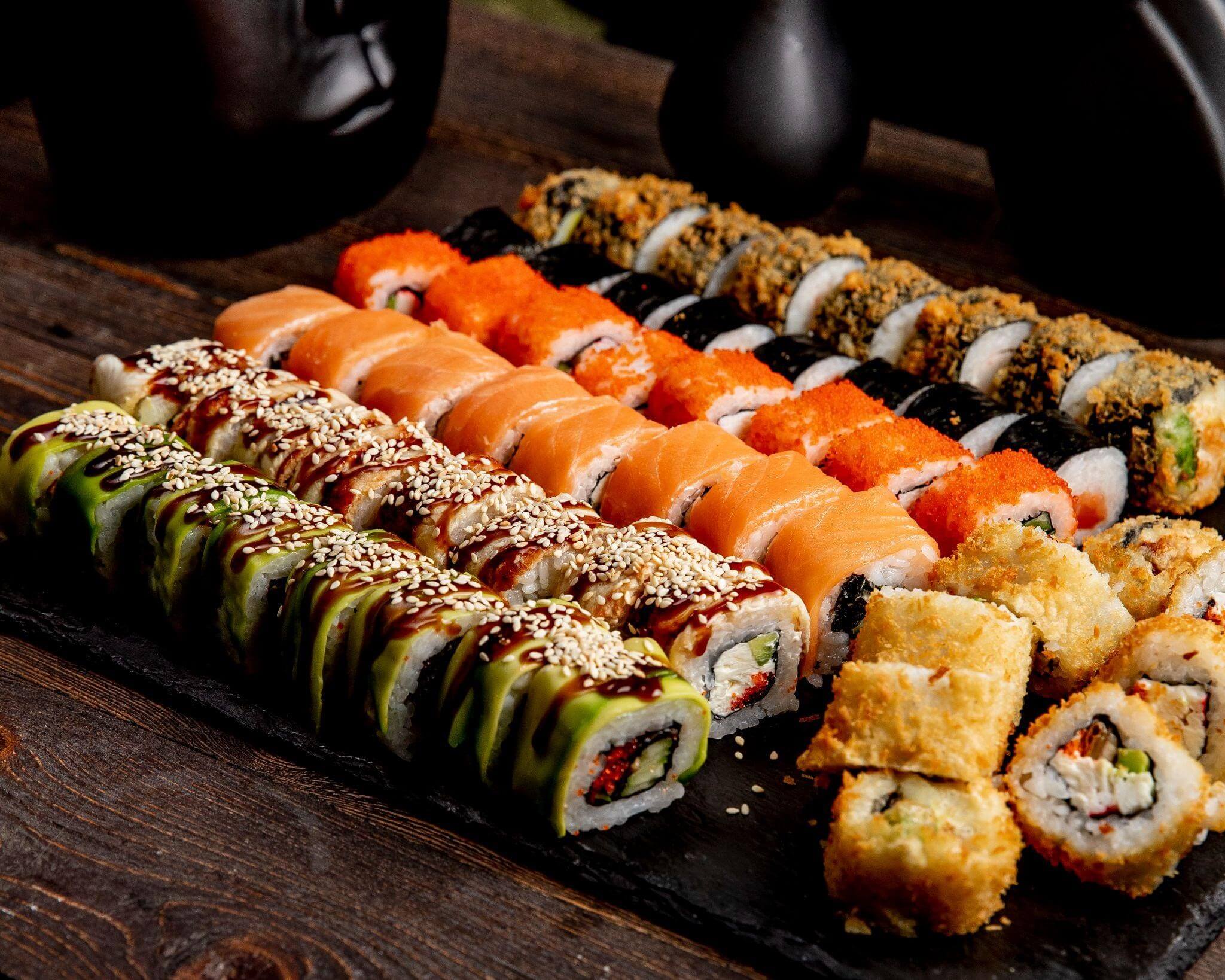 Different variations of sushi on a plate