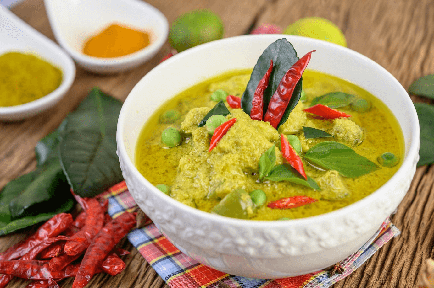 A bowl of green curry, a taste of Thailand.